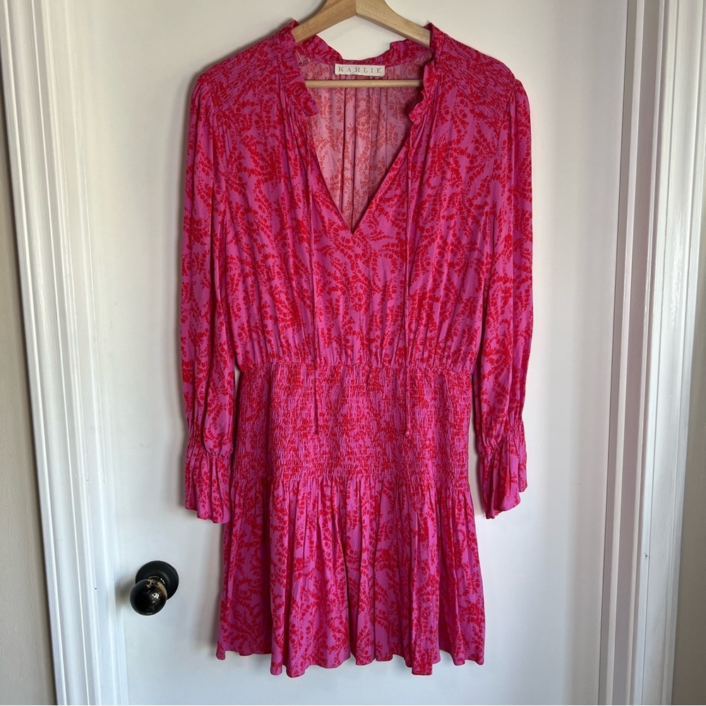 Karlie Pink Red‎ Floral Girly Smocked Long Sleeve Mini Dress, Size Medium